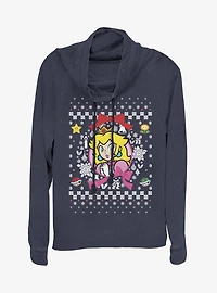 Nintendo Super Mario Wreath Princess Peach Christmas Pattern Cowlneck Long-Sleeve Womens Top
