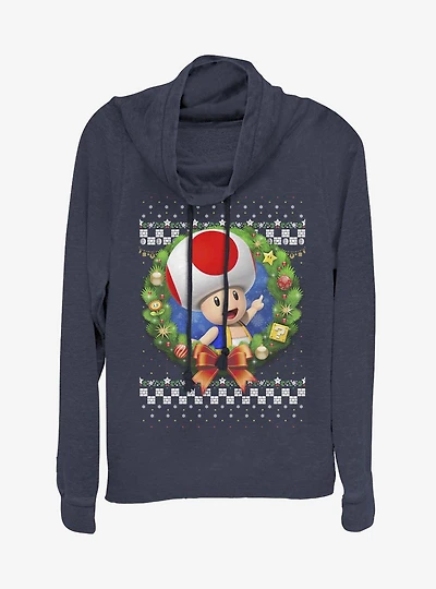 Nintendo Super Mario Wreath Toad 3D Cowlneck Long-Sleeve Womens Top