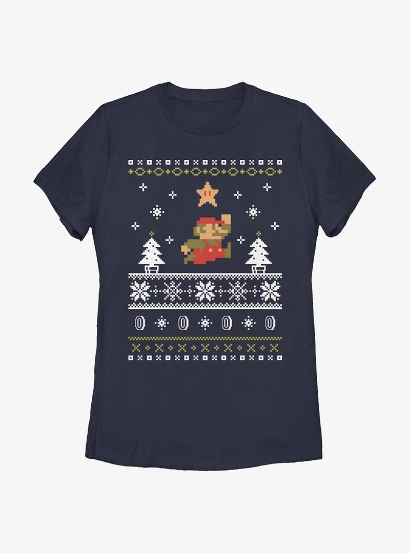 Nintendo Super Mario Jump Christmas Pattern Womens T-Shirt