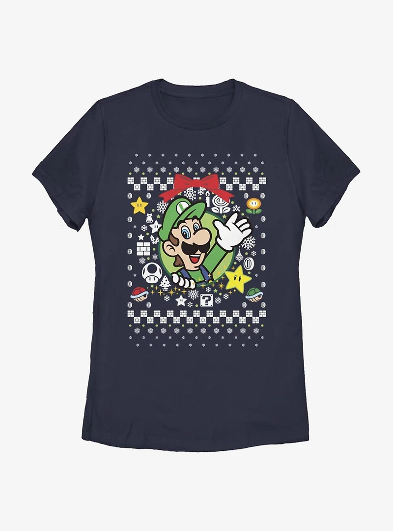 Nintendo Super Mario Wreath Luigi Christmas Pattern Womens T-Shirt