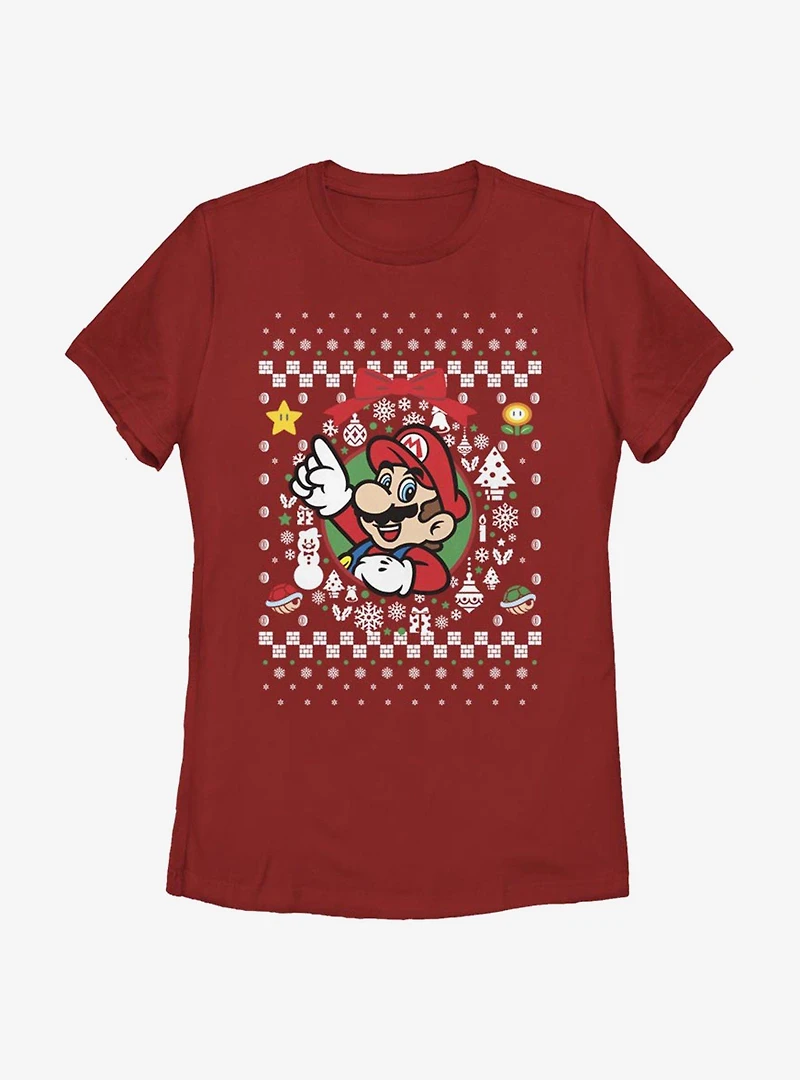 Nintendo Super Mario Wreath Christmas Pattern Womens T-Shirt