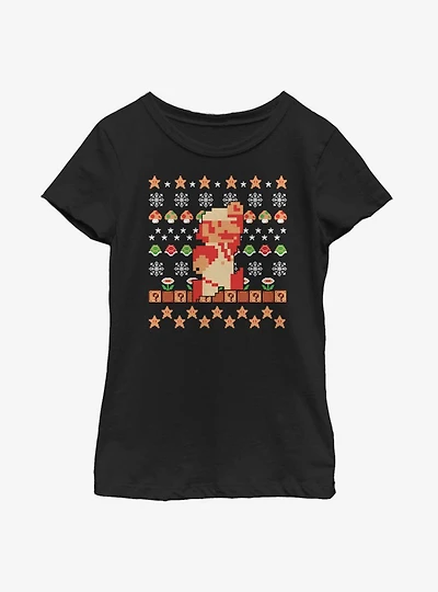 Nintendo Super Mario Retro Jump Christmas Pattern Youth Girls T-Shirt