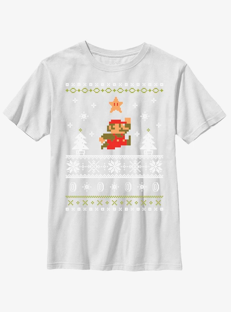 Nintendo Super Mario Jump Christmas Pattern Youth T-Shirt