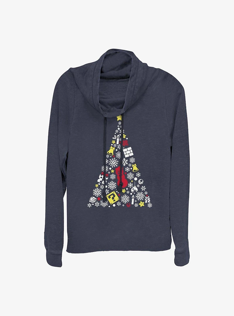 Super Mario Evergreen Tree Holiday Cowl Neck Long-Sleeve Girls Top