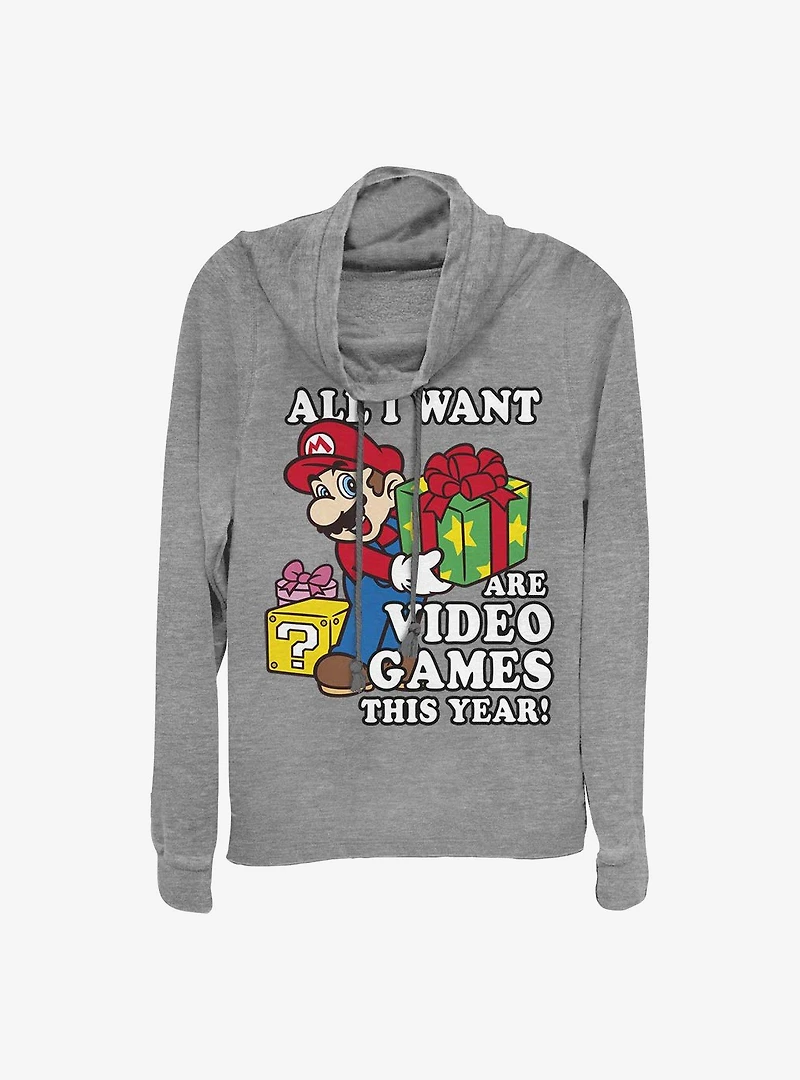 Super Mario All I Want Are Video Games Holiday Cowl Neck Long-Sleeve Girls Top