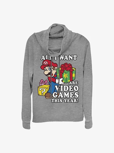 Super Mario All I Want Are Video Games Holiday Cowl Neck Long-Sleeve Girls Top