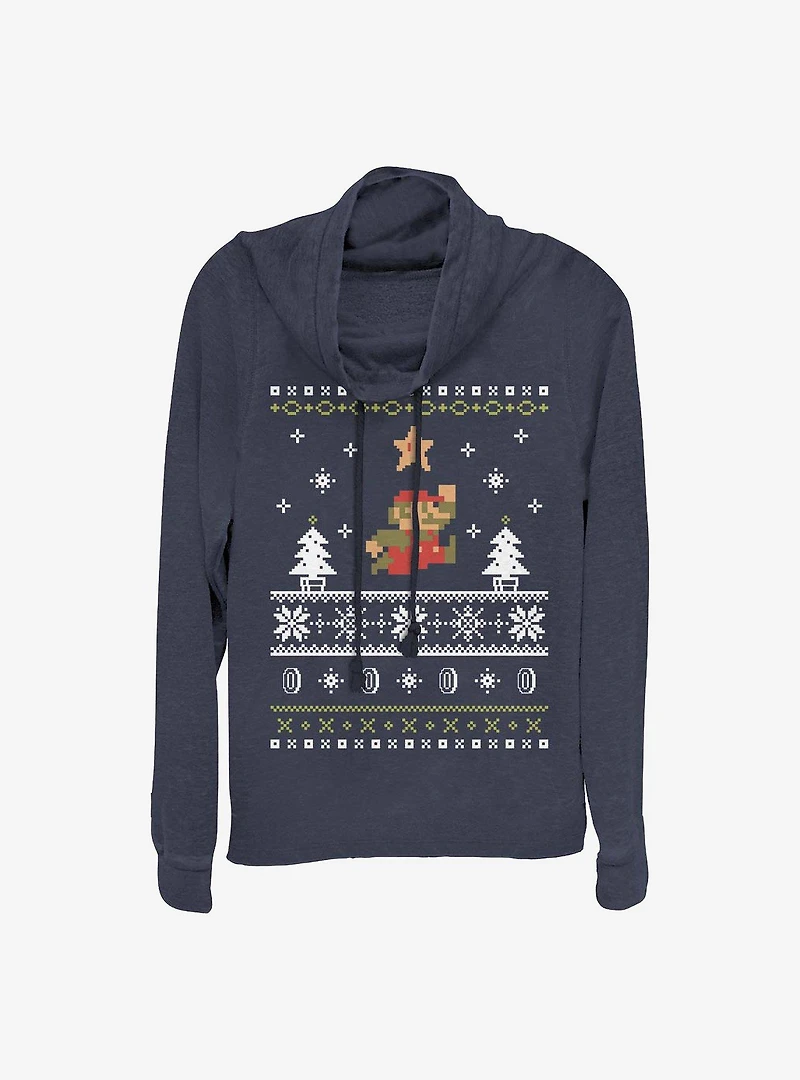 Super Mario Nordic Christmas Print Cowl Neck Long-Sleeve Girls Top