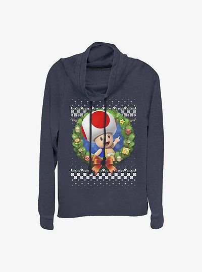 Super Mario Mario Wreath Holiday Cowl Neck Long-Sleeve Girls Top
