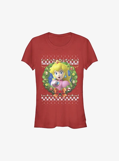 Super Mario Peach Wreath Holiday Girls T-Shirt