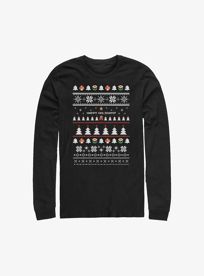 Super Mario Happy Holidays Christmas Pattern Long-Sleeve T-Shirt
