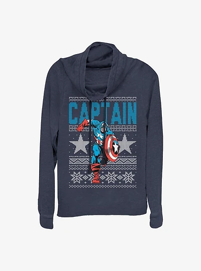 Marvel Captain America Ugly Christmas Cowl Neck Long-Sleeve Girls Top
