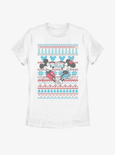 Disney Mickey Mouse & Minnie Christmas Pattern Womens T-Shirt