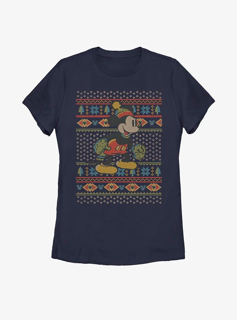 Disney Mickey Mouse Vintage Christmas Pattern Womens T-Shirt