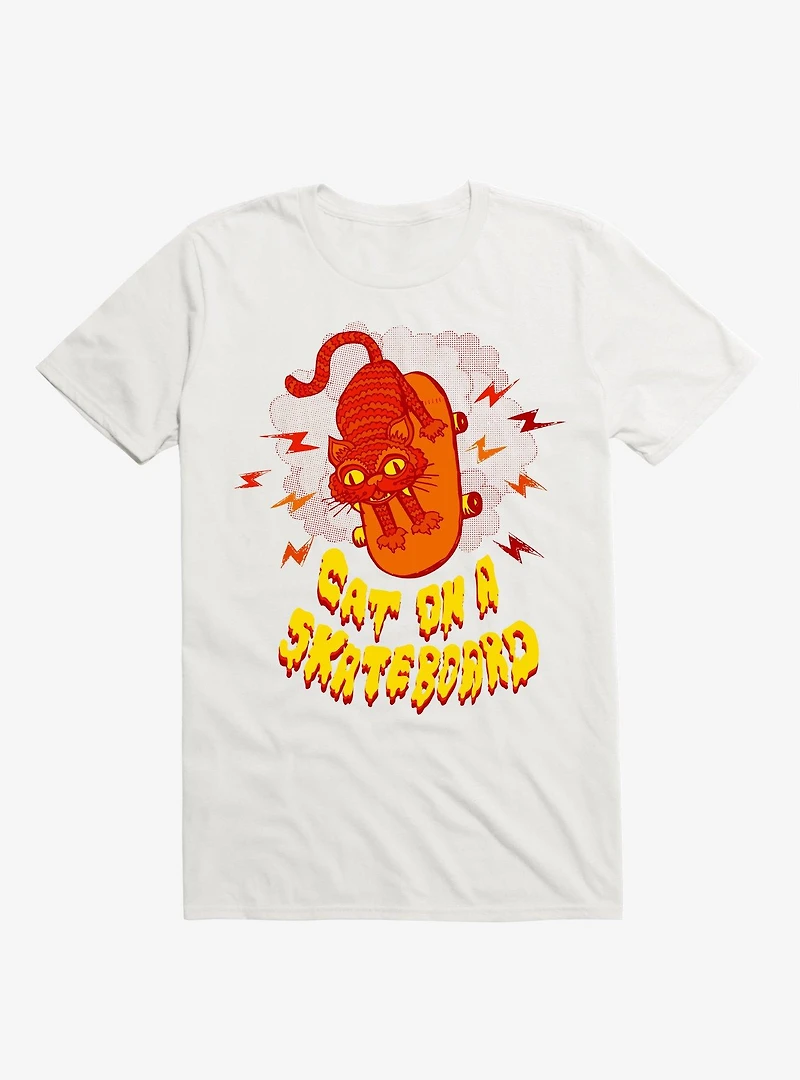 Cat On A Skateboard White T-Shirt