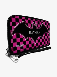 DC Comics Batman Bat Logo Checker Fuchsia Black Zip Around Rectangle Wallet