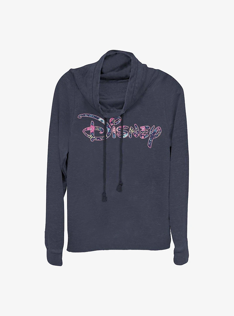Disney Floral Fill Cowl Neck Long-Sleeve Womens Top