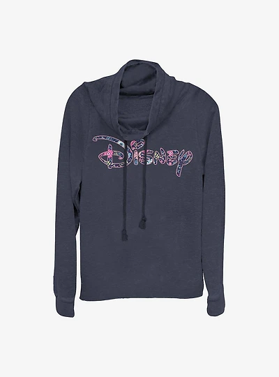 Disney Floral Fill Cowl Neck Long-Sleeve Womens Top