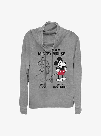 Disney Mickey Mouse Drawing Cowl Neck Long-Sleeve Womens Top