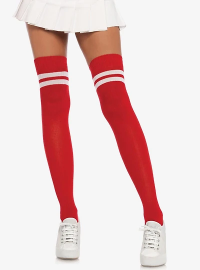 Red & White Stripe Ribbed Athletic Thigh High Socks