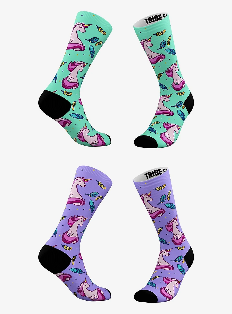 Green Feather And Purple Feather Unicorn Socks 2 Pair