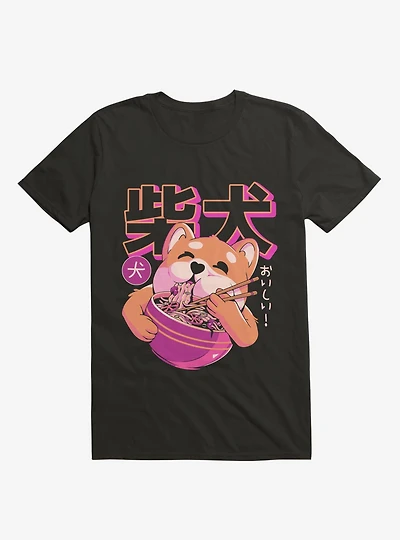 Shiba Eating Noodles Black T-Shirt