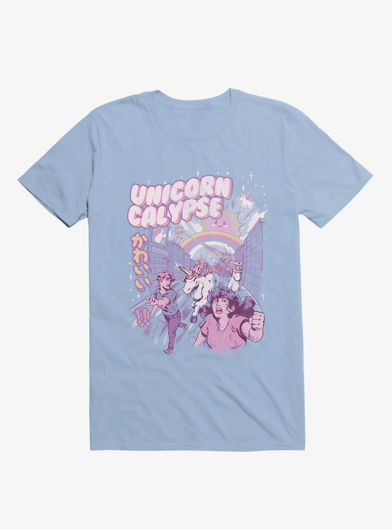Unicorn Calypse Rainbow Sunshine Attack Light Blue T-Shirt