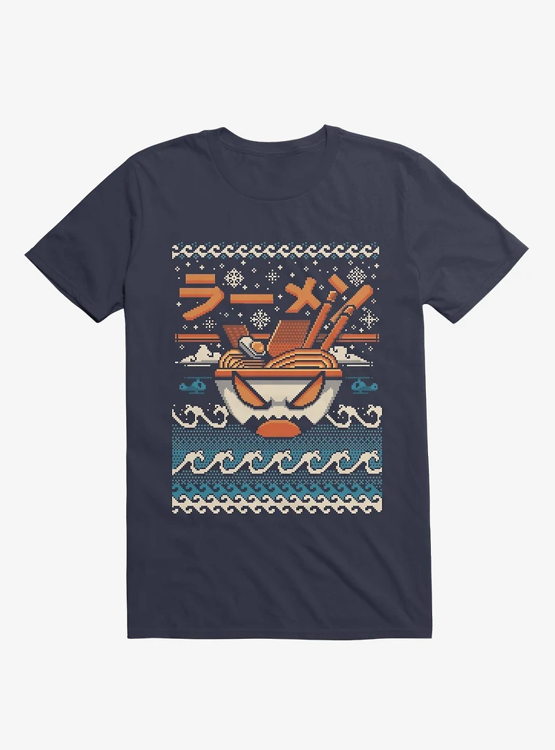 The Great Ramen Of Kanagawa Ugly Holiday Navy Blue T-Shirt