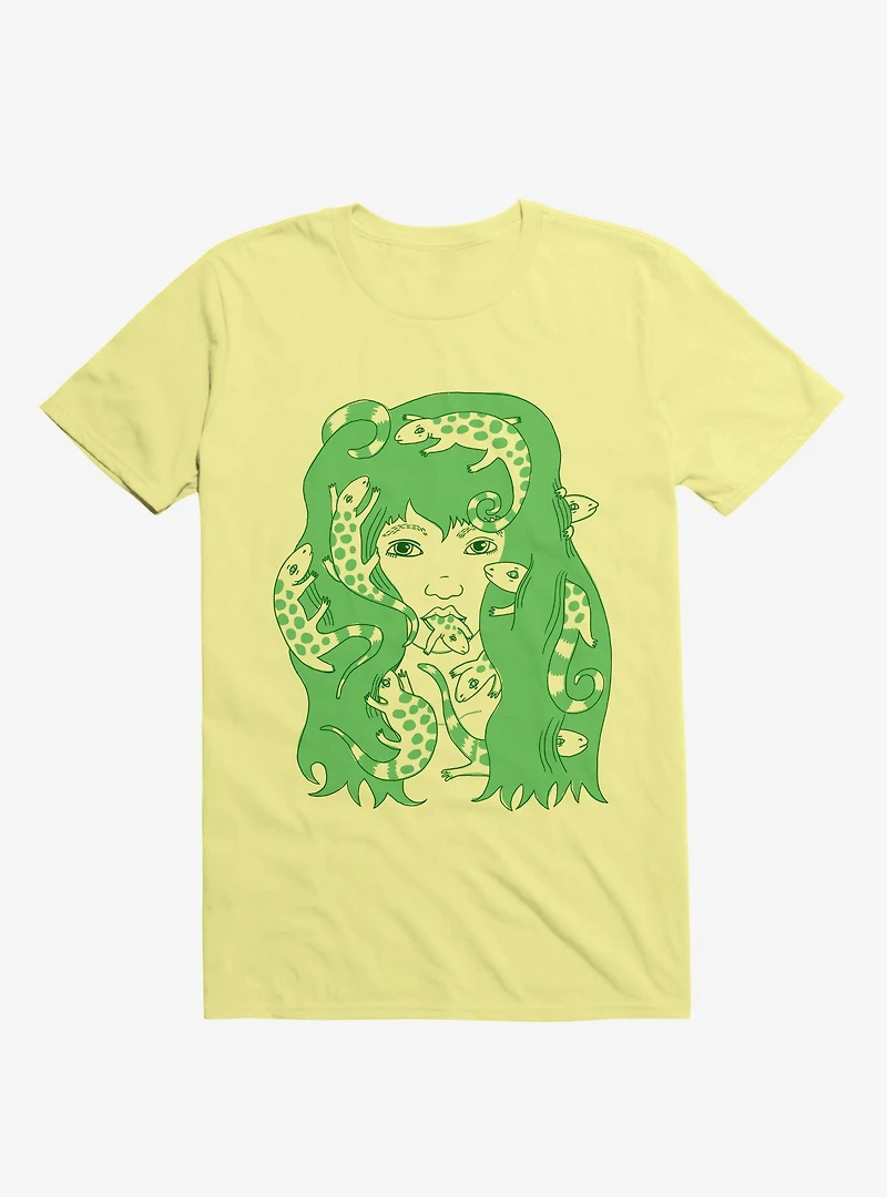 Lizard Eating Girl Lizzie Corn Silk Yellow T-Shirt