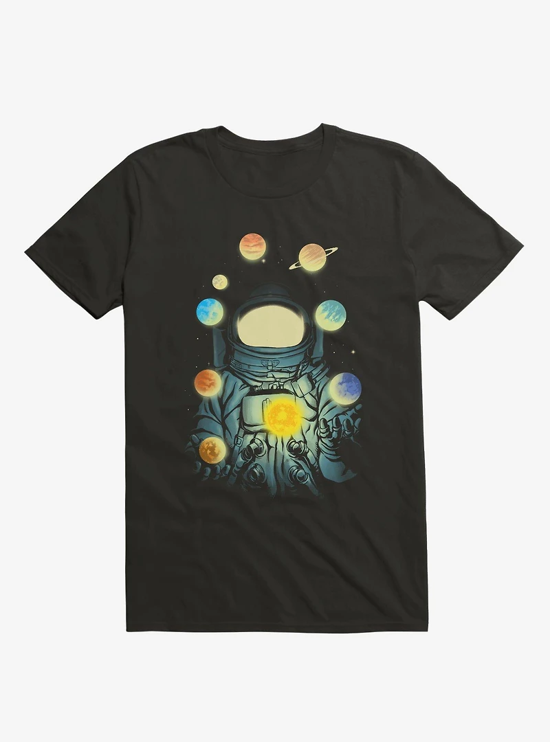 Astronaut Juggling Planets Black T-Shirt