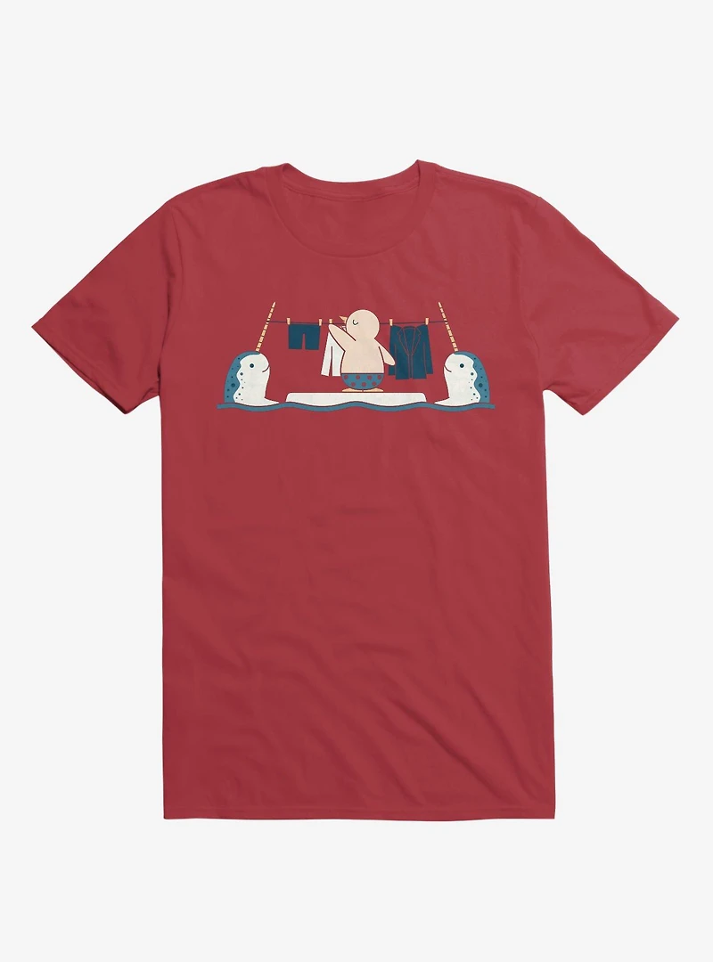 Penguin With Narwhals Laundry Day Red T-Shirt