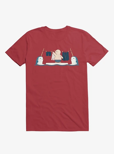 Penguin With Narwhals Laundry Day Red T-Shirt