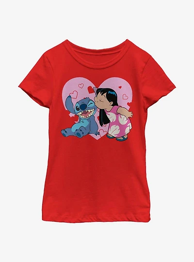 Disney Lilo And Stitch Valentines Kisses Youth Girls T-Shirt