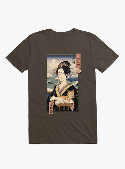 Geisha Cat Lisa Ukiyo-e Brown T-Shirt