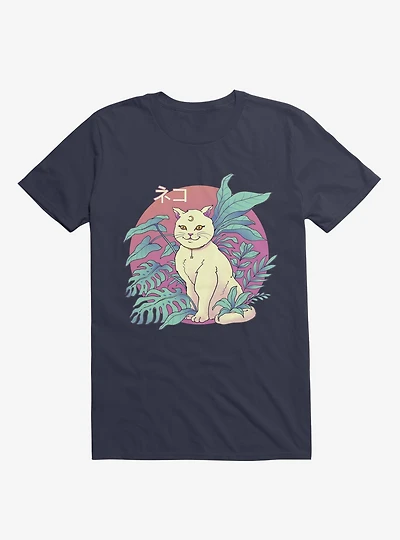 Leaves Vapor Cat Navy Blue T-Shirt