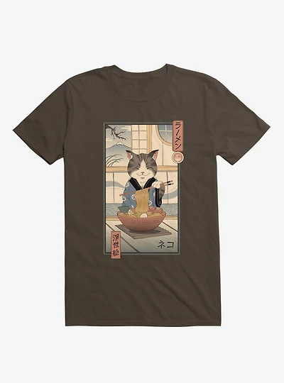 Cat Neko Ramen Ukiyo-E Brown T-Shirt