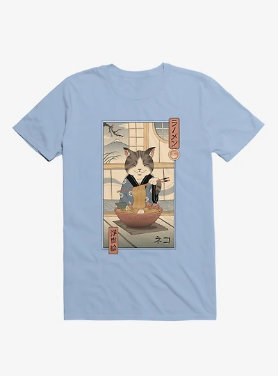 Cat Neko Ramen Ukiyo-E Light Blue T-Shirt