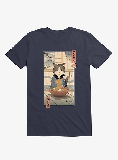 Cat Neko Ramen Ukiyo-E Navy Blue T-Shirt