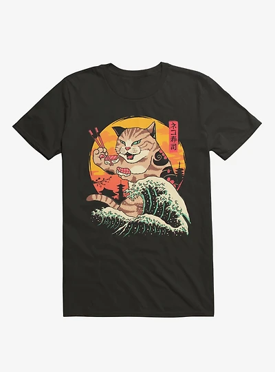 Neko Cat Sushi Wave Black T-Shirt