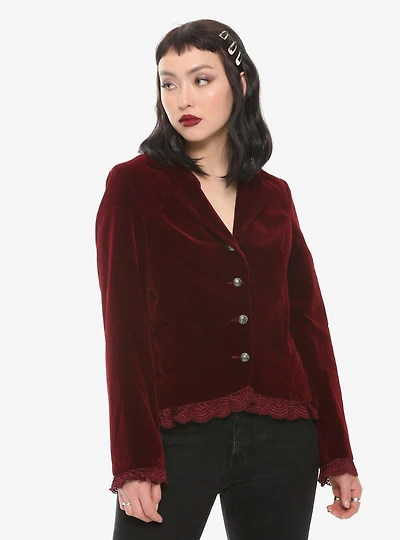 Burgundy Velvet Laced Button-Up Jacket