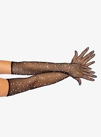 Rhinestone Fishnet Black Gloves
