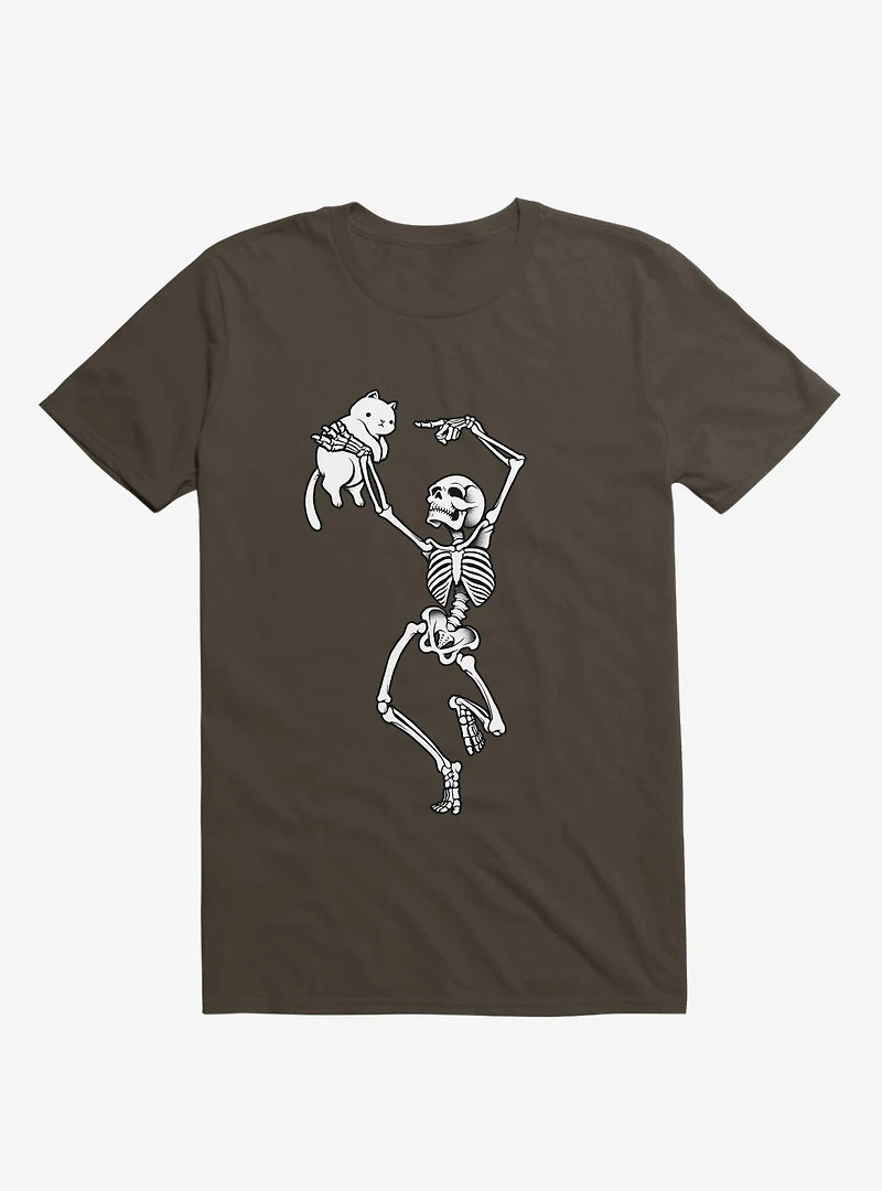 Dancing Skeleton With A Cat Brown T-Shirt