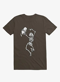 Dancing Skeleton With A Cat Brown T-Shirt