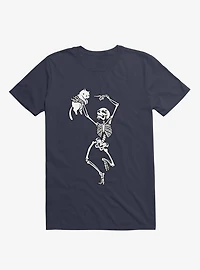 Dancing Skeleton With A Cat Navy Blue T-Shirt