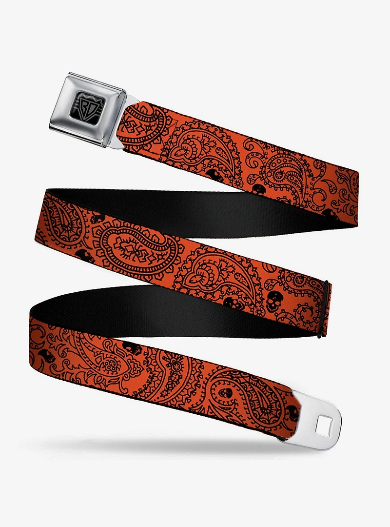 Bandana Skull Print Seatbelt Belt Orange Black