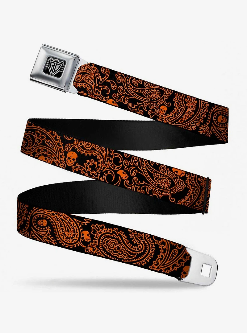 Bandana Skull Print Seatbelt Belt Black Orange