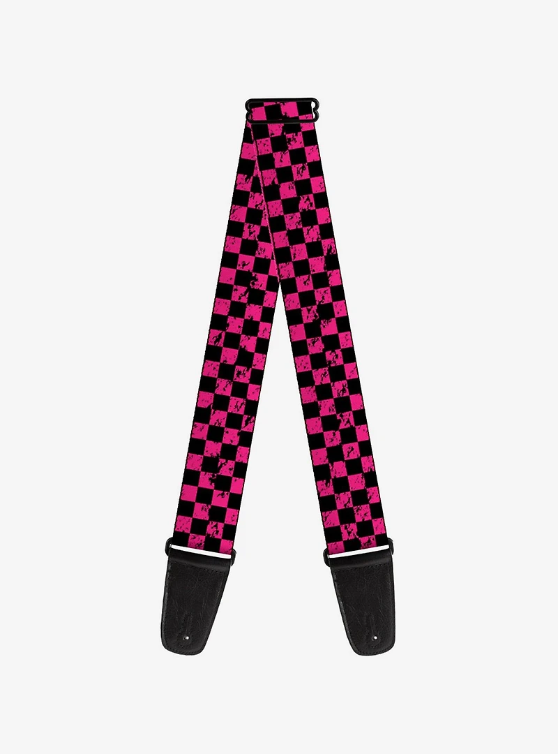 Distressed Checker Print Guitar Strap Neon Pink