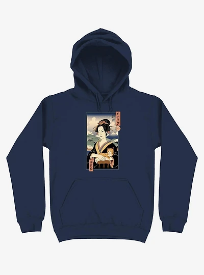 Geisha Cat Lisa Ukiyo-e Navy Blue Hoodie