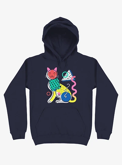 Memphis Cat Design Navy Blue Hoodie