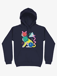 Memphis Cat Design Navy Blue Hoodie