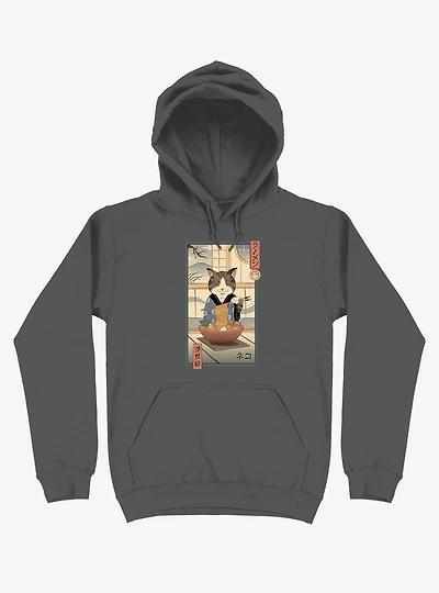 Cat Neko Ramen Ukiyo-e Asphalt Grey Hoodie